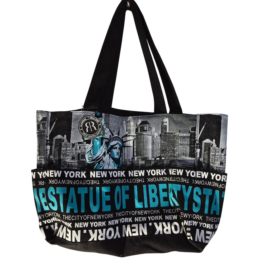 Robin Ruth New York Statue of Liberty Canvas Tote Bag Black Teal NYC Skyline